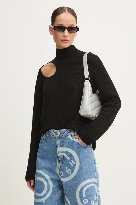 Sveter s prímesou vlny HUGO dámsky, čierna farba, s polorolákom, 50522546