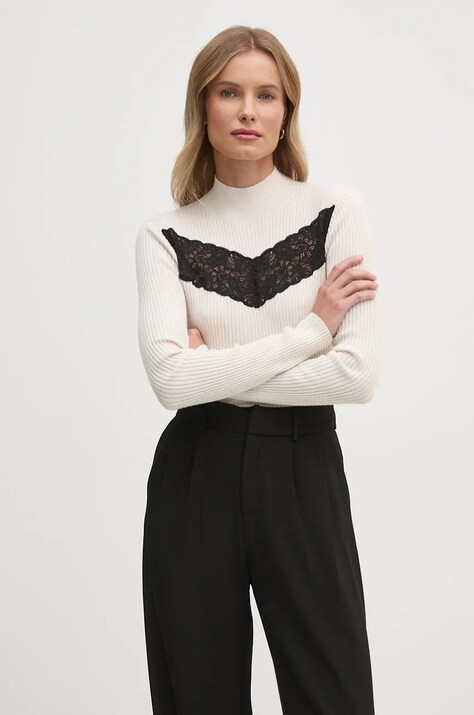 Sisley pulover de lână femei, culoarea bej, light, cu turtleneck, 1M9AL201V