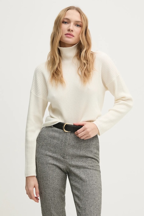 Sveter s prímesou vlny Sisley dámsky, béžová farba, tenký, s polorolákom, 106WM201U