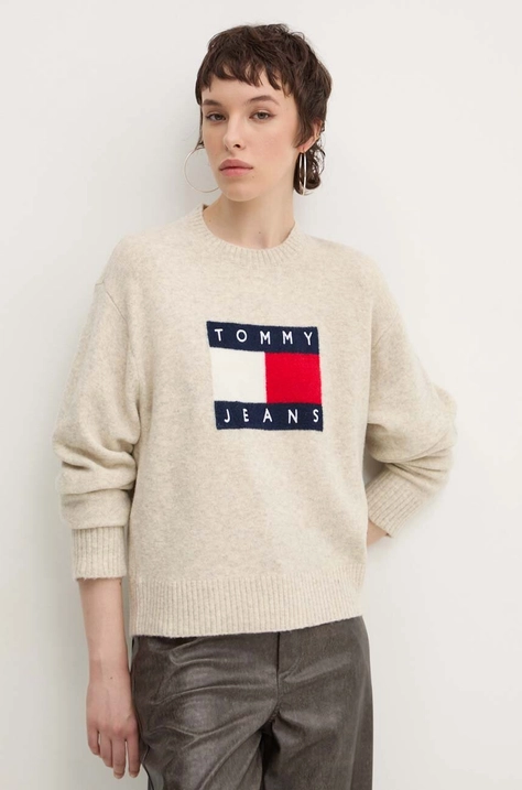 Tommy Jeans sweter z domieszką wełny damski kolor beżowy lekki DW0DW18681