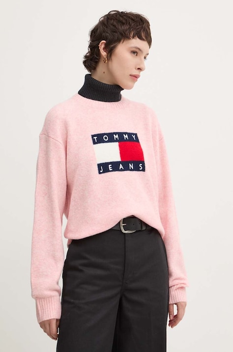 Πουλόβερ με προσθήκη μαλλιού Tommy Jeans γυναικείο, χρώμα: ροζ, DW0DW18681