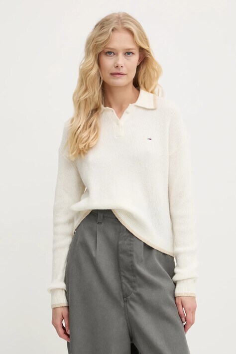 Tommy Jeans sweter wełniany damski kolor beżowy  DW0DW19833