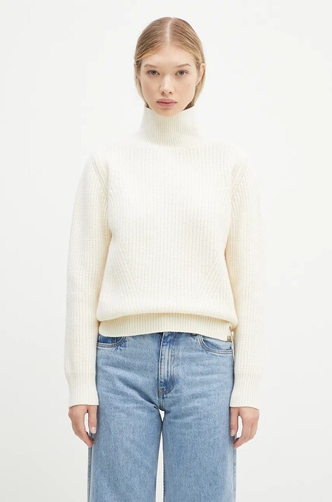 Вълнен пуловер Woolrich Canberra Turtleneck дамски в бежово от топла материя с поло CFWWKN0329FRUF0712