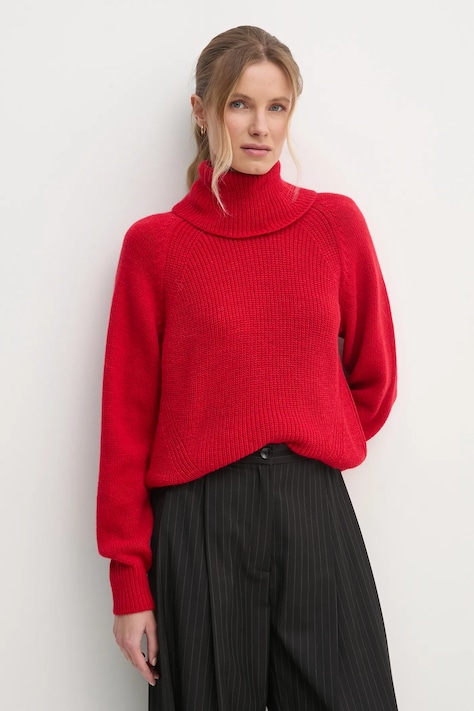 Sisley pulover din amestec de lana femei, culoarea rosu, călduros, cu guler, 1276M2022