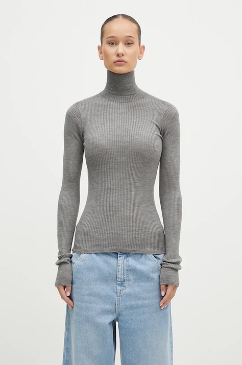 Vuneni pulover Sportmax Flavia za žene, boja: siva, lagani, s dolčevitom, 2422366042600