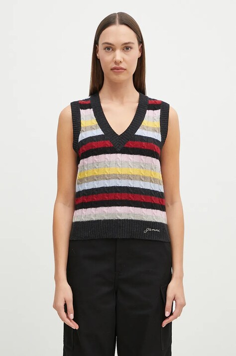 GANNI kamizelka wełniana Logo Wool Mix Vest kolor multicolor lekki K2286