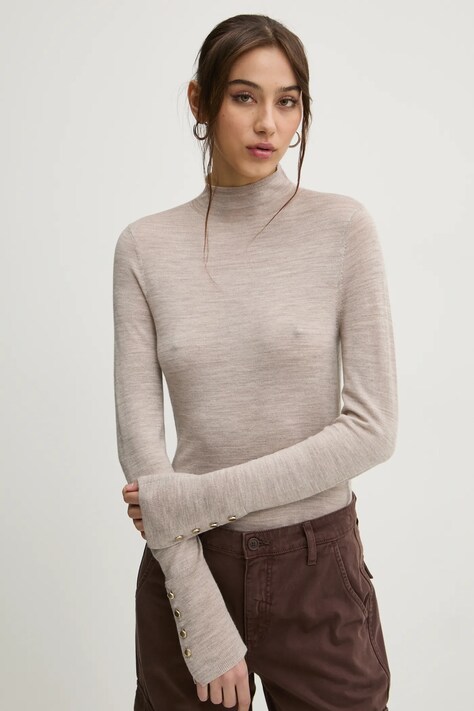 Abercrombie & Fitch sweter wełniany damski kolor beżowy lekki z półgolfem KI150-4348