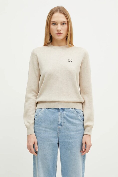 Вълнен пуловер Maison Kitsuné Bold Fox Head Patch дамски в бежово от лека материя MW00801KT1036