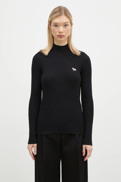Maison Kitsuné sweter wełniany Baby Fox Patch damski kolor czarny z półgolfem NW00807KT1091