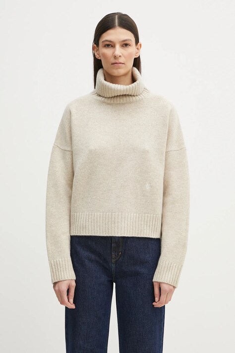 Вълнен пуловер Sporty & Rich SRC Wool дамски в бежово с поло WS064514302CR01
