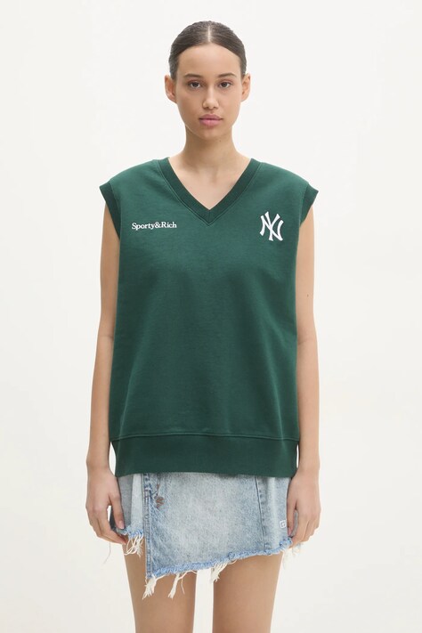 Хлопковая жилетка Sporty & Rich Yankees Serif V-Neck цвет зелёный с аппликацией ST045505300GR10