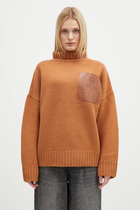 Вълнен пуловер JW Anderson Leather Patch Pocket Jumper дамски в оранжево с поло KW1292.YN0367.619