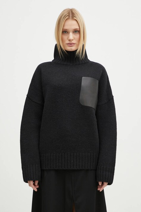 Вълнен пуловер JW Anderson Leather Patch Pocket Jumper дамски в черно с поло KW1292.YN0367.999