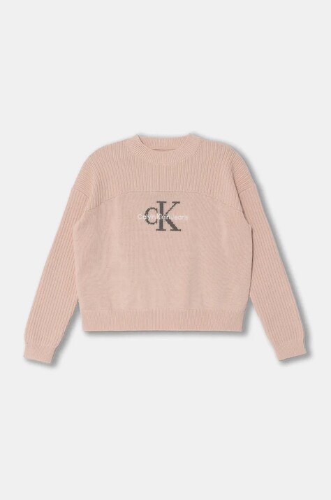 Детски памучен пуловер Calvin Klein Jeans в розово от топла материя IG0IG02654