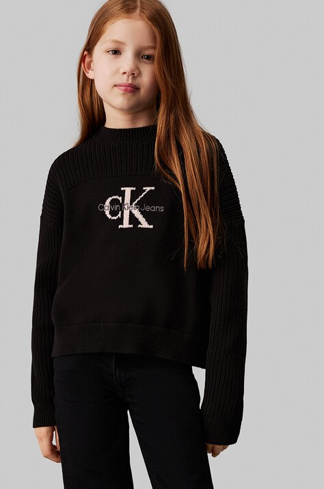 Dječji pamučni pulover Calvin Klein Jeans boja: crna, topli, IG0IG02654