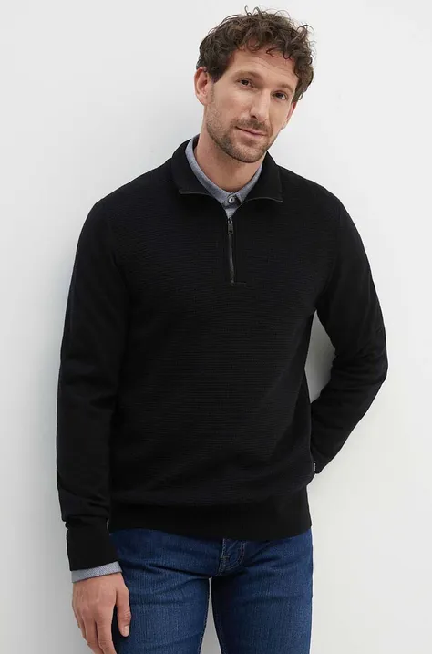 Vlnený sveter BOSS pánsky, čierna farba, tenký, s polorolákom, 50519590