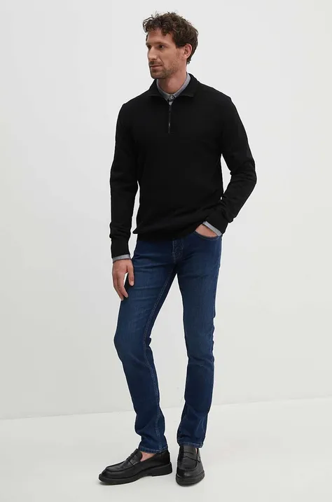 BOSS sweter wełniany męski kolor czarny lekki z półgolfem 50519590
