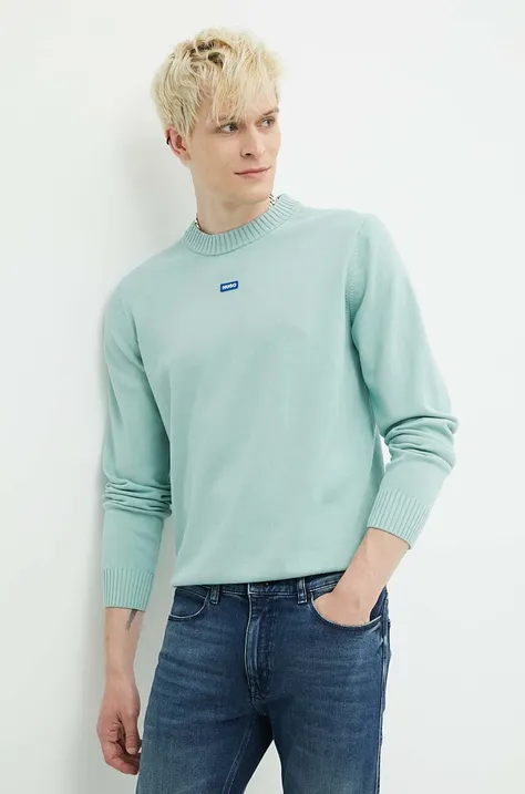 Памучен пуловер Hugo Blue в зелено от лека материя 50514698