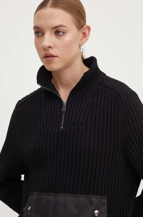 Bavlněný svetr HUGO černá barva, lehký, s pologolfem, 50516618