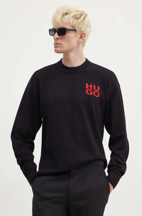 Памучен пуловер HUGO в черно от лека материя 50516617