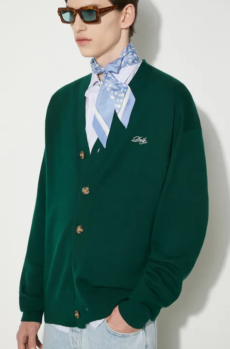 Vlnený sveter Drôle de Monsieur Le Cardigan Drôle pánsky, zelená farba, PERM-CA123-WO007-DGN
