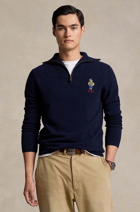 Vlněný svetr Polo Ralph Lauren pánský, modrá barva, hřejivý, 710946002