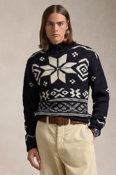 Vlněný svetr Polo Ralph Lauren pánský, modrá barva, hřejivý, s golfem, 710949302
