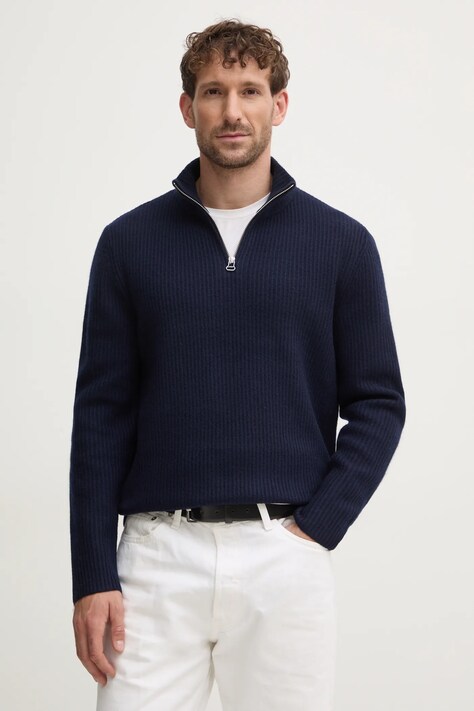 Вълнен пуловер A.P.C. pull alex мъжки в тъмносиньо от топла материя с поло WVBAJ.H23057