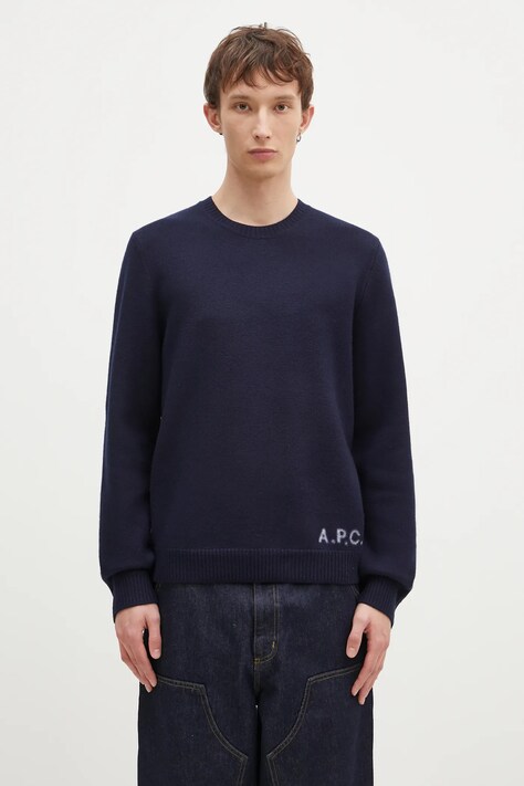 Vlněný svetr A.P.C. Pull Edward pánský, tmavomodrá barva, WVBDJ.H23059