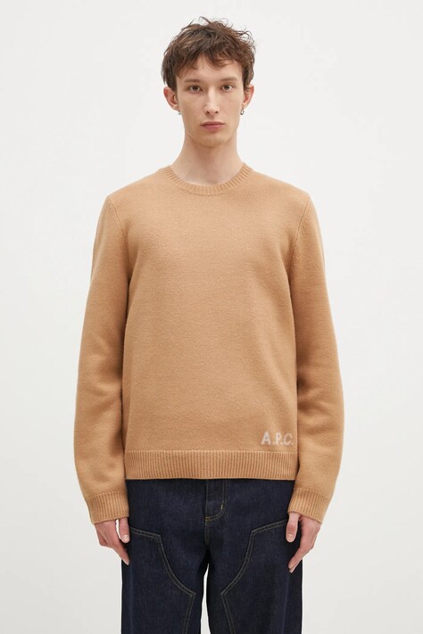 Vlnený sveter A.P.C. Pull Edward pánsky, hnedá farba, WVBDJ.H23059