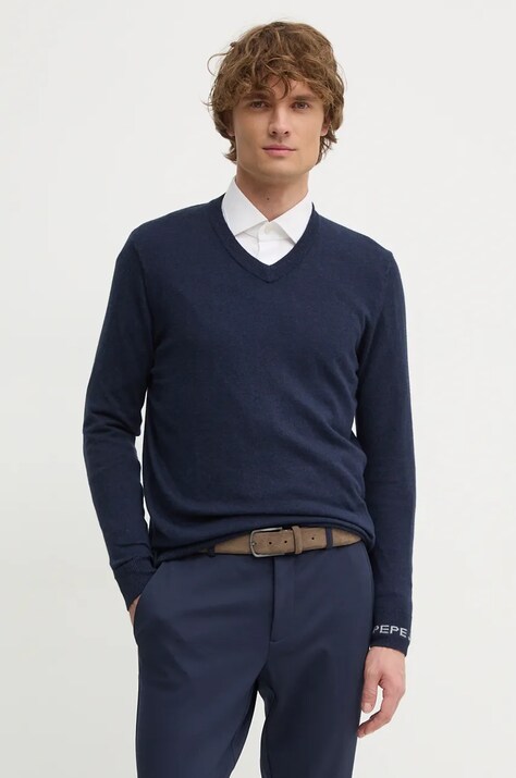 Пуловер с вълна Pepe Jeans NEW ANDRE V NECK мъжки в тъмносиньо от лека материя PM702468