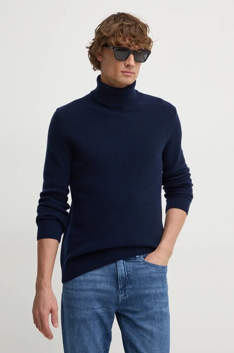 Sisley pulover de lana barbati, culoarea albastru marin, light, cu guler, 1044S2007