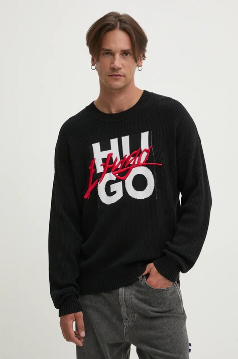 HUGO pulover de bumbac culoarea negru, 50524553