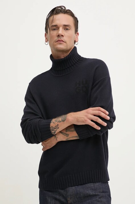HUGO pulover de lana barbati, culoarea albastru marin, light, cu guler, 50527327