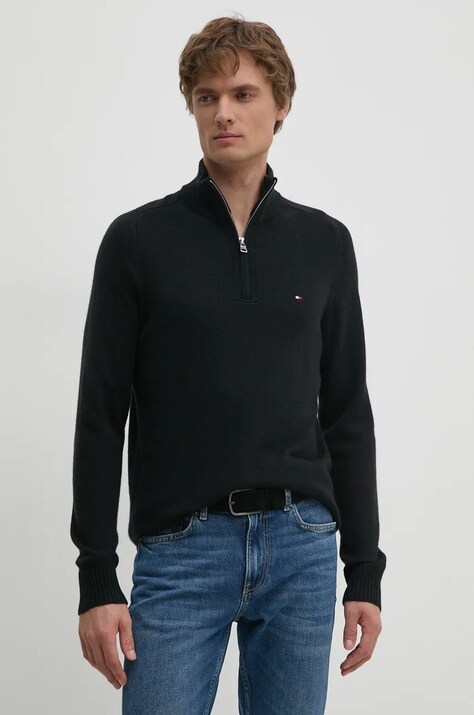 Tommy Hilfiger Sweter wełniany męski kolor czarny lekki z golferm MW0MW36536