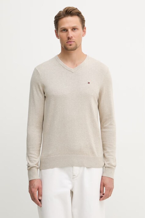 Tommy Hilfiger πουλόβερ ανδρικό βαμβακερό μπεζ MW0MW14745