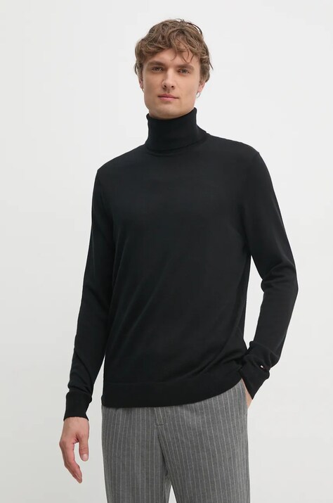 Tommy Hilfiger pulover de lana barbati, culoarea negru, light, cu guler, MW0MW36537