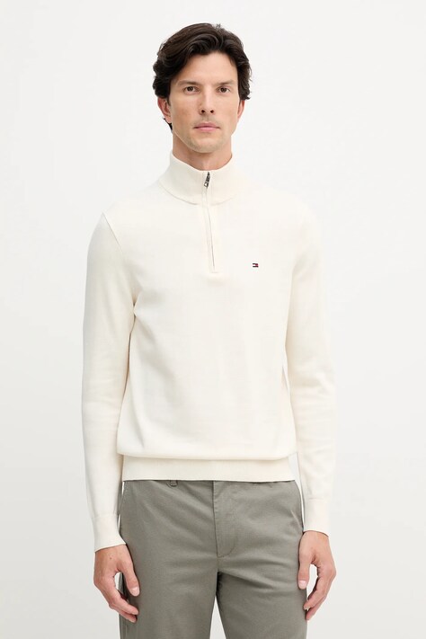 Tommy Hilfiger sweter bawełniany kolor beżowy lekki z półgolfem MW0MW37331