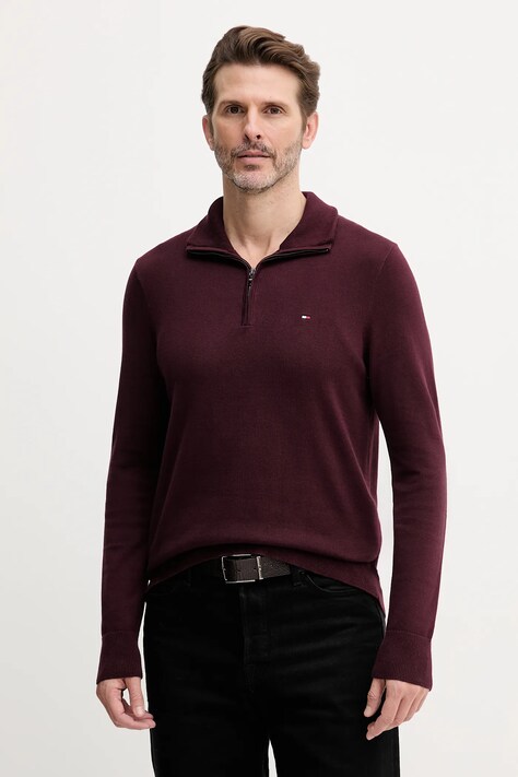 Tommy Hilfiger sweter bawełniany kolor bordowy lekki z półgolfem MW0MW37331