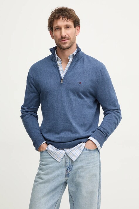 Памучен пуловер Tommy Hilfiger в синьо от лека материя с ниско поло MW0MW37331