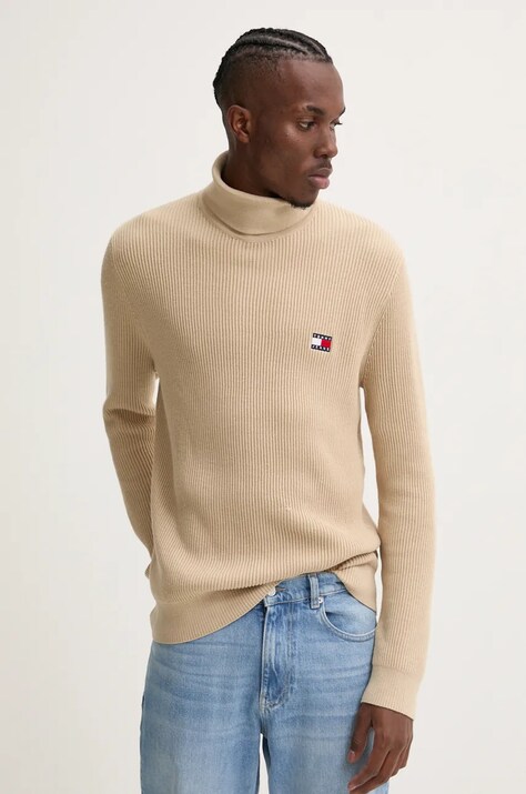 Tommy Jeans pulover din amestec de lana barbati, culoarea maro, light, cu guler, DM0DM19434