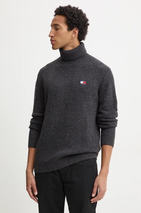 Tommy Jeans pulover din amestec de lana barbati, culoarea gri, cu guler, DM0DM20602