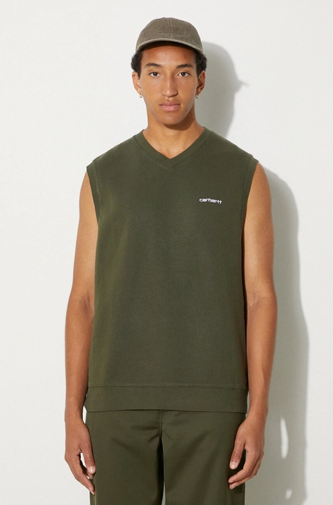 Carhartt WIP gilè in cotone Script V-Neck Vest Sweat colore verde con applicazione I033907.2DTXX