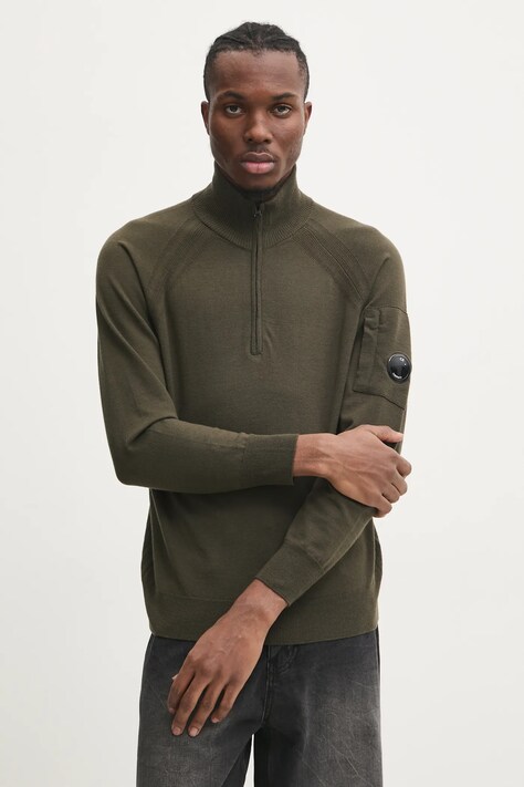 Шерстяной свитер C.P. Company Extra Fine Merino Wool Half Zipped Knit мужской цвет зелёный лёгкий с гольфом 17CMKN193A005528A