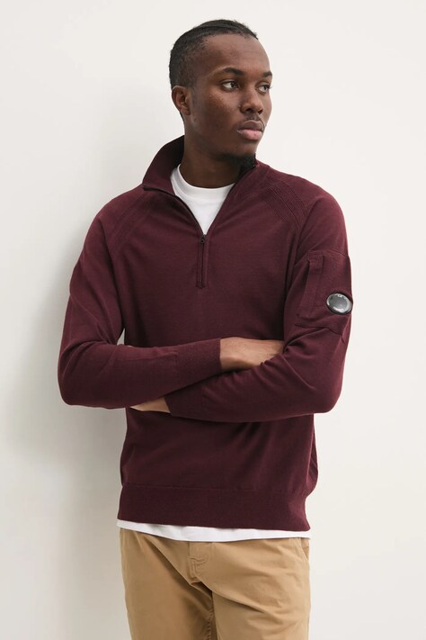 C.P. Company woolen jumper Extra Fine Merino Wool Half Zipped Knit men’s maroon color lightweight 17CMKN193A005528A