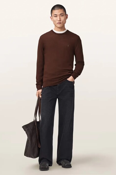 AllSaints Sweter męski z wełny merino brązowy M002KZ