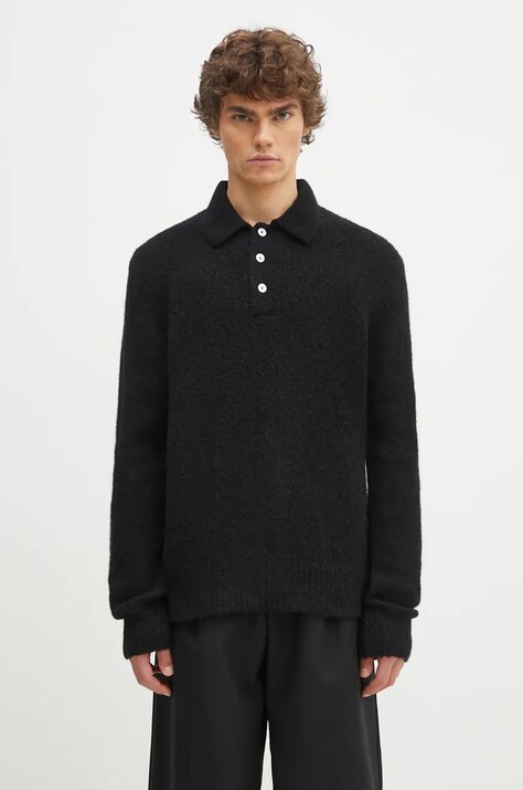 Vlněný svetr Norse Projects Rasmus Relaxed Brushed Polo pánský, černá barva, N45.0614.9999