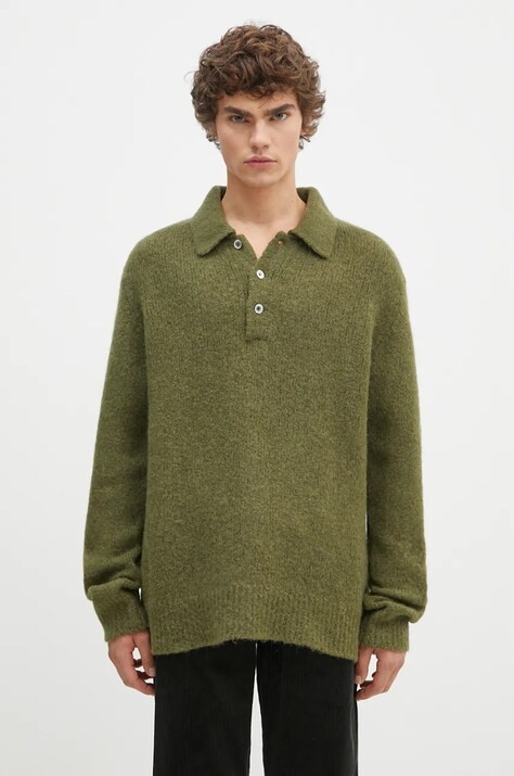 Vlněný svetr Norse Projects Rasmus Relaxed Brushed Polo pánský, zelená barva, N45.0614.8098