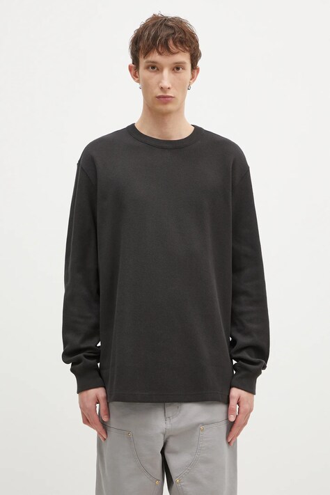 Bavlnená mikina Filson Waffle Knit Thermal Crew pánska, čierna farba, jednofarebná, FMTEE0012