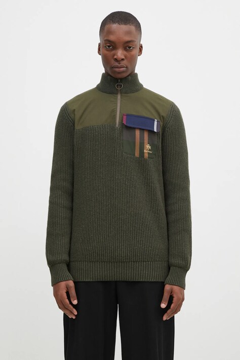 Baracuta pulover de lana Barbour x Baracut Miller Half Zip Knit barbati, culoarea verde, călduros, cu guler, BRMAG0192